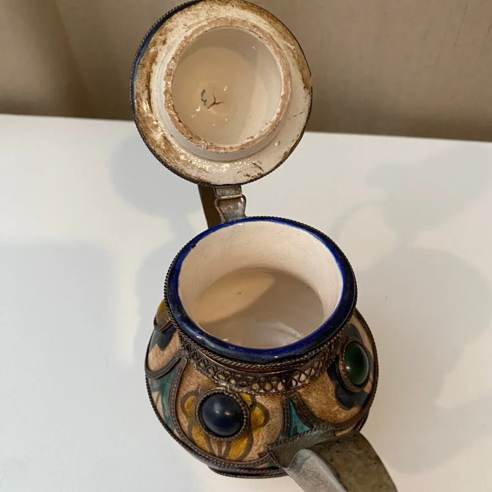 Vintage Moroccan Ceramic Tea‎ Pot – Silver Filigree & Gemstone Accents